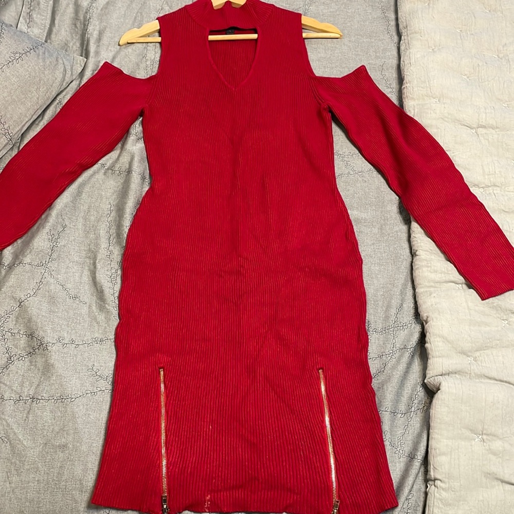 Material Girl stretch knit dress with cold shoulder